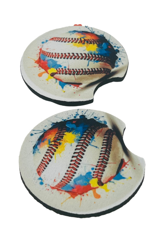 Two car coasters with baseball design on a white card