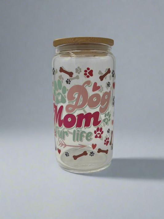 Glass jar with wooden lid featuring 'Dog Mom' text and dog-themed graphics on a white background