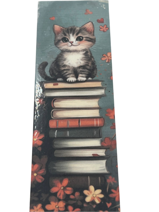 Gray Cat Smiling on Books