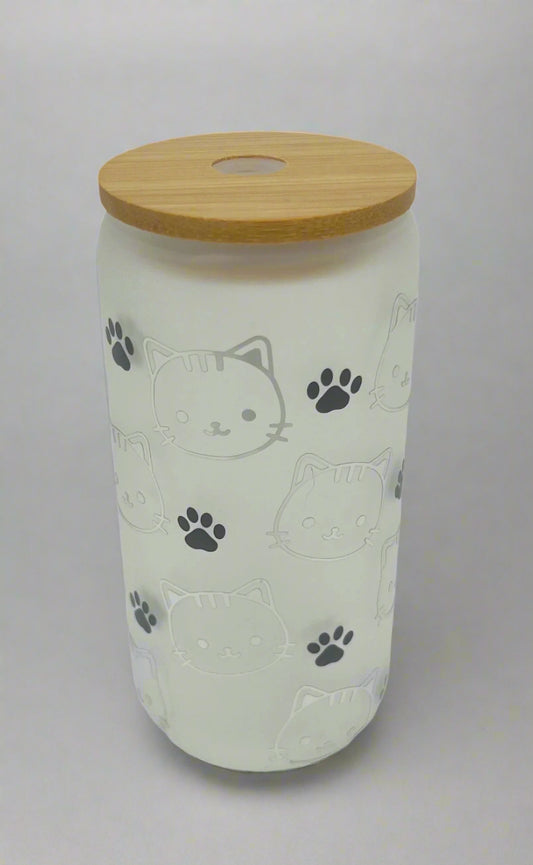 White container with cat designs and a wooden lid on a white background